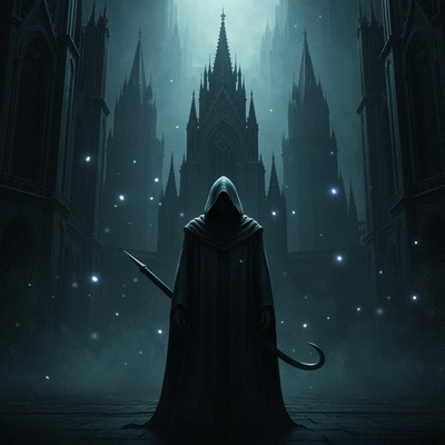 Mysterious hooded figure in a dark, atmospheric fantasy setting, with subtle magical elements